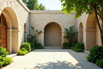 Fototapeta premium Serene Courtyard with Stone Arches and Lush Greenery, Perfect for Relaxation and Tranquility
