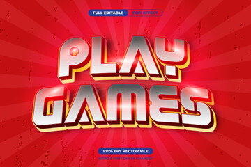 Retro modern play games text effect with a bold red and silver style. Perfect for arcade titles, casual games, and fun gaming visuals. Fully editable EPS vector