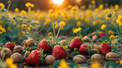 Strawberries and Walnuts among Wildflowers at Sunset