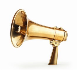 Shiny golden megaphone isolated on a white background, highlighting its polished metallic finish.