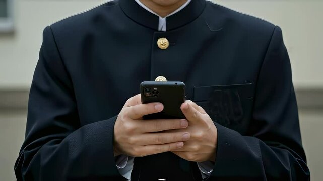 屋外でスマホを操作する、学生服姿の男子学生（首から下の画角）