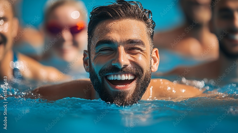Poster man is smiling and laughing while swimming in a pool. scene is happy and carefree