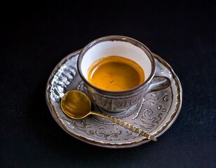 Espresso in a vintage ceramic cup with golden spoon, shallow depth of field, moody dark background.