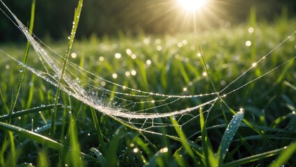 Dew Drops on Spiderweb in Green Grass at Sunrise