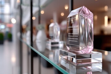 A collection of exquisite pink crystal awards shines on a glass shelf, symbolizing achievement, recognition, and excellence in various fields.
