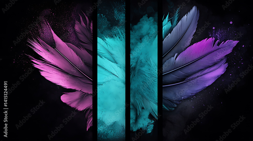 Poster a colorful image of three feathers with a black background