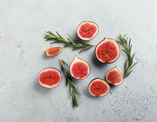Flatlay of halved figs and rosemary sprigs on light stone background, high-end aesthetic.