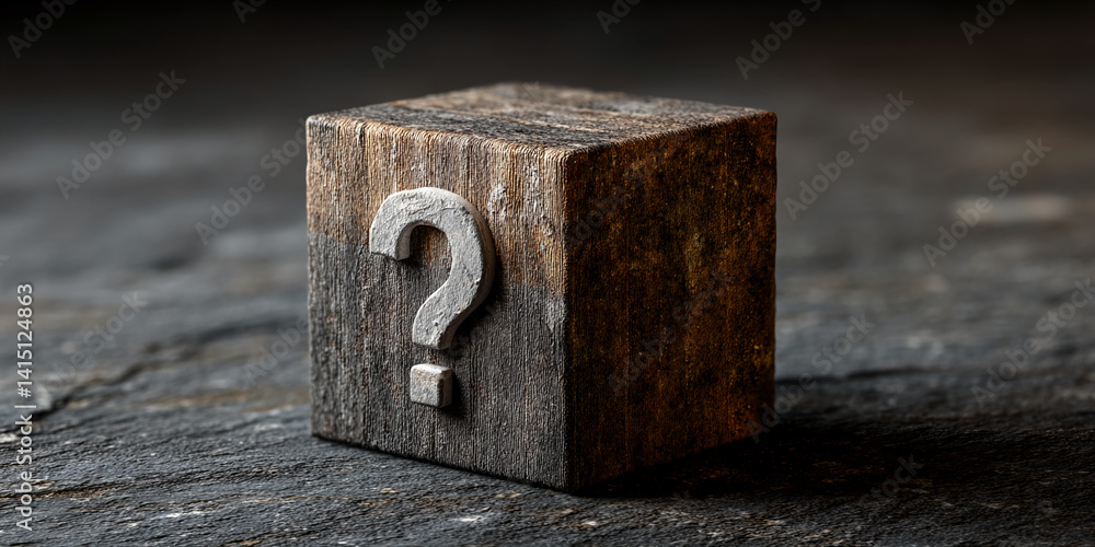 Poster Dark wooden cube with a white question mark, sitting on a dark surface, suggesting uncertainty or a need for answers