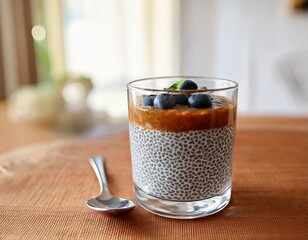Minimalist breakfast scene with chia pudding in a clear glass, side angle, soft morning light.
