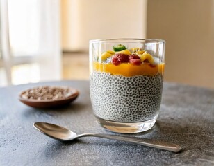 Minimalist breakfast scene with chia pudding in a clear glass, side angle, soft morning light.