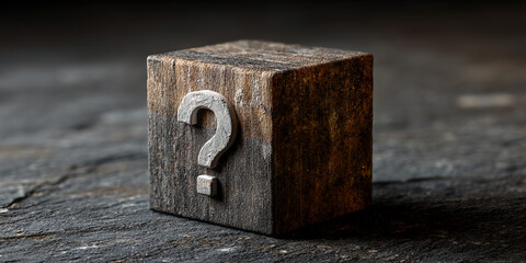 Dark wooden cube with a white question mark, sitting on a dark surface, suggesting uncertainty or a need for answers