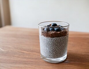 Minimalist breakfast scene with chia pudding in a clear glass, side angle, soft morning light.