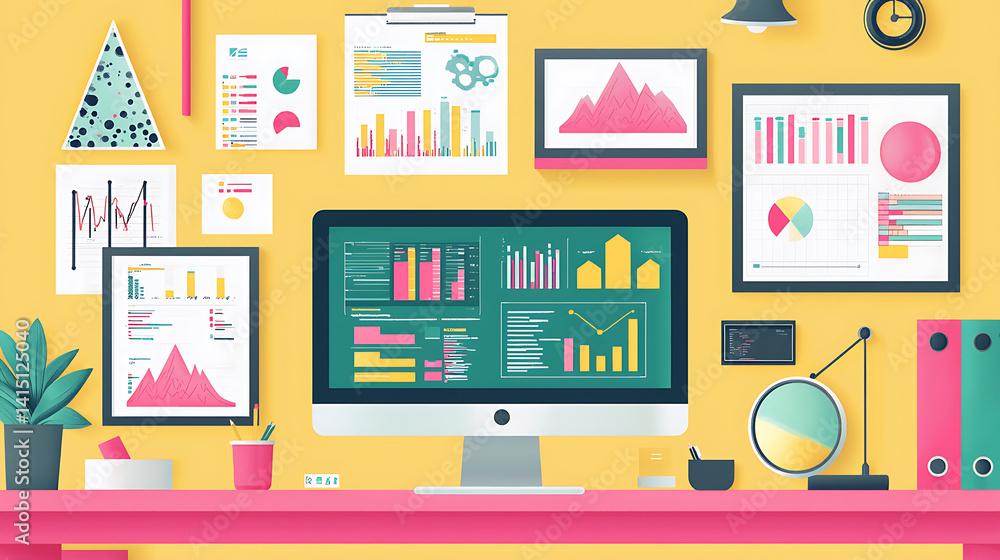 Poster a computer monitor sits on a desk with a variety of colorful graphs