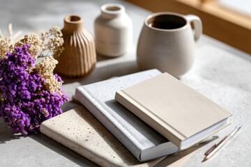 Fototapeta premium Stylishly arranged notebooks and ceramic vases with dried flowers create a serene and artistic atmosphere, perfect for inspiration and creative writing in soft colors and textures.