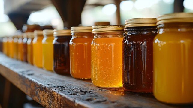 A row of jars filled with different colored honey