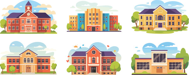  Vector illustrations of various school buildings including traditional, modern, and educational campus structures. Ideal for themes related to education, school environment, and academic institutions