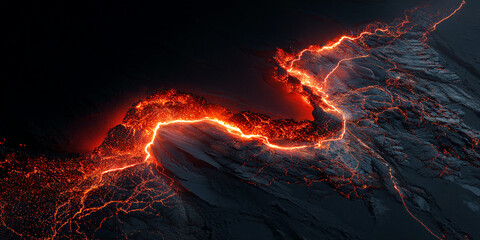 Aerial view of dark, volcanic rock with glowing orange lava flowing through its crevices, representing raw power, intense heat, and geological processes