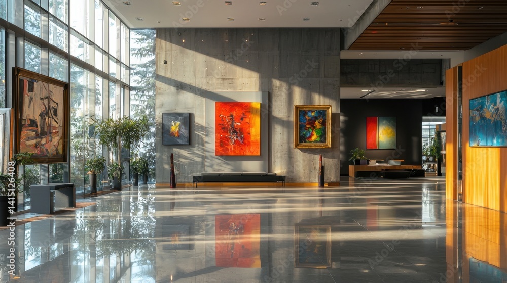 Poster a spacious art gallery features colorful paintings displayed on polished walls. sunlight streams thr