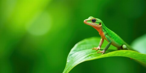 Fototapeta premium A Vibrant Green Lizard Perched on a Lush Leaf, Basking in the Warmth of a Tropical Forest