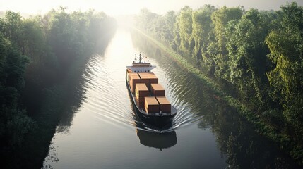 A large container ship glides smoothly along a tranquil waterway, reflecting the soft morning light, with dense green trees lining the banks