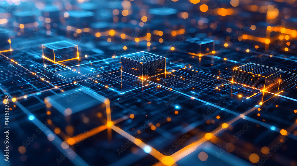 Poster a computer chip is shown in a blue and orange color scheme