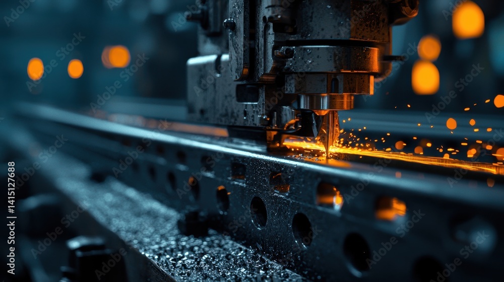 Poster a detailed view of a machining tool working on metal, creating sparks in a dark industrial setting. 