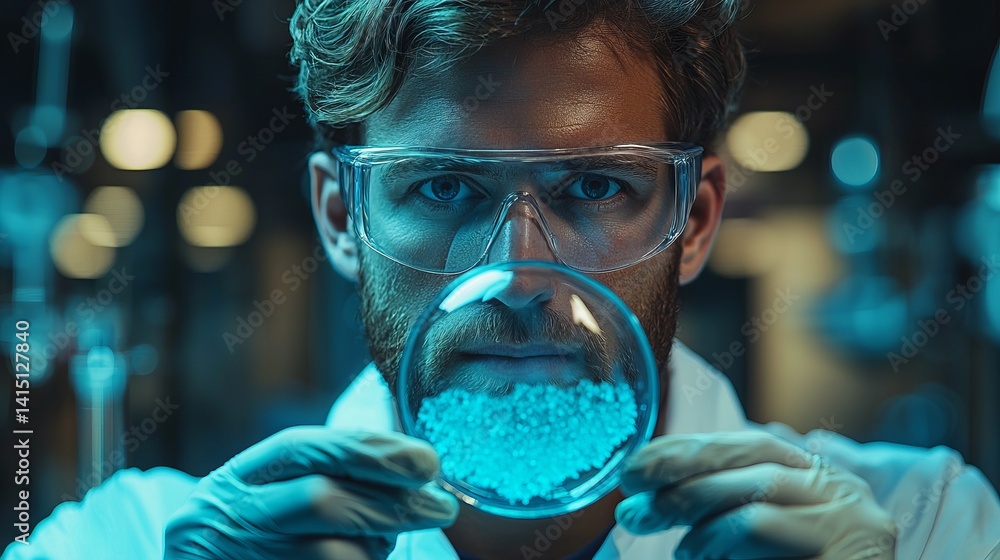 Poster a focused scientist in protective gear analyzes a petri dish containing crystalline substances, show