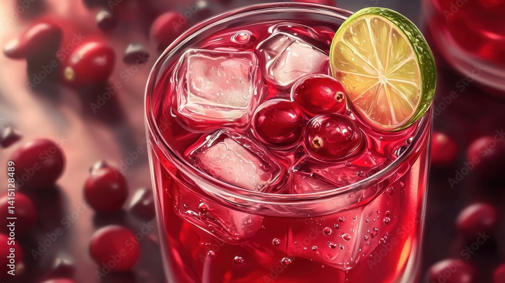 Poster a vibrant cranberry drink filled with ice and garnished with a slice of lime. fresh cranberries surr