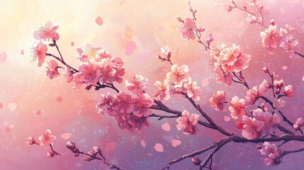 Fototapeta premium Delicate cherry blossom branches with vibrant pink flowers emerge against a soft, colorful background at sunset, creating a serene and enchanting atmosphere filled with falling petals