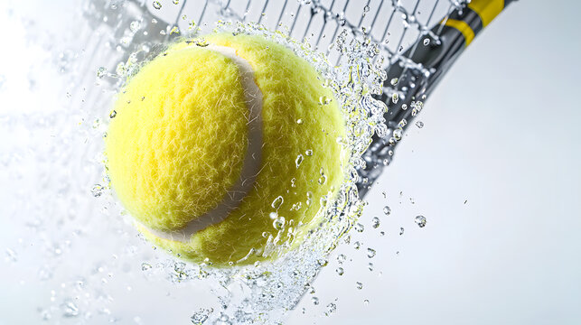 dynamic close up of tennis ball hitting racket with water splashing energetically