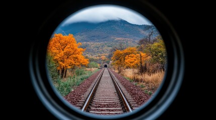 Autumnal train tracks through a tunnel, viewed from a train window.  A circular frame creates a tunnel effect