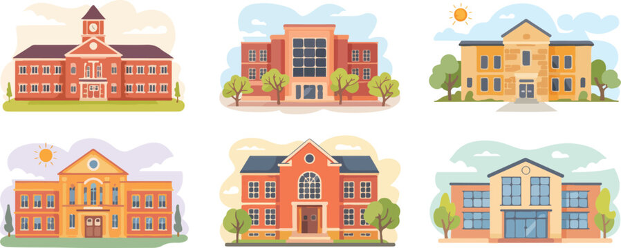  Illustration of diverse school buildings representing different styles including classic, modern, and educational institutions. Ideal for academic-related projects, school promotions, and architectur