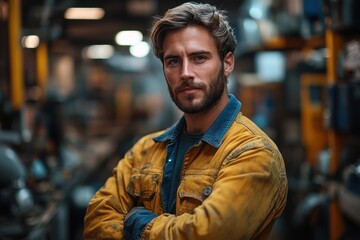 Confident man in modern workshop setting showcases craftsmanship while standing with arms crossed in warm, ambient lighting