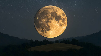 Full moon over dark hills at night