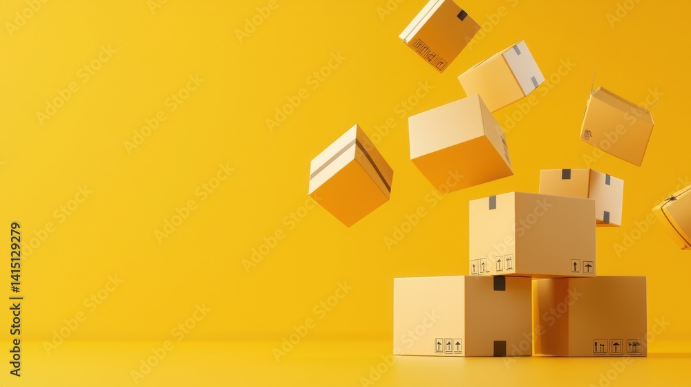 Poster ecommerce growth boosted by colorful package drop simulation in bright yellow studio environment for