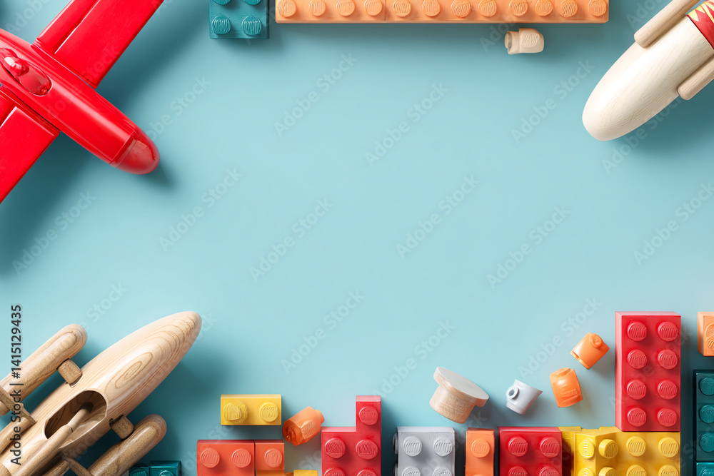 Aufkleber Toy airplanes and colorful building blocks frame a light-blue background, showcasing ample free space for text or advertisement, ideal for playful or creative concepts