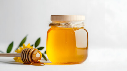 glass jar of golden honey with wooden honey dipper beside it, evoking sense of natural sweetness