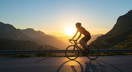 Fototapeta premium Female cyclist on a mountain road during sunset, wearing modern gear and helmet, scenic landscape in the background