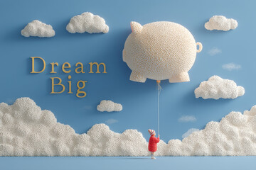 child holds string attached to piggy bank balloon, surrounded by fluffy clouds and words Dream Big on blue sky background