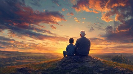 Obraz premium A grandfather and his grandson sit close together on a rocky outcrop, watching the vibrant colors of the sunset paint the sky in a tranquil countryside setting