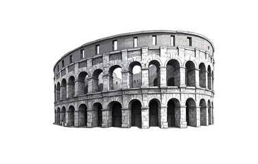 Ancient amphitheater sketch, perfect for historical travel brochures, architectural studies, or classical art projects. Black and white illustration, serene architecture.