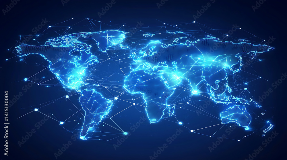 Poster a blue and white globe with a network of lines connecting it