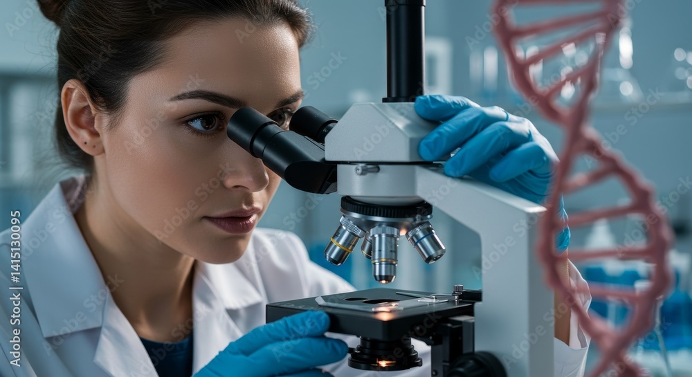 Poster scientist examining sample under microscope - a female scientist intently views a sample through a m