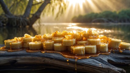 Banana Slices Topped with Honey on a Log by Water