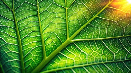Close up of a vibrant green leaf surrounded by soft sunlight filtering through the stem, highlighting the intricate veins and texture of the leaf surface, foliage, foliage detail