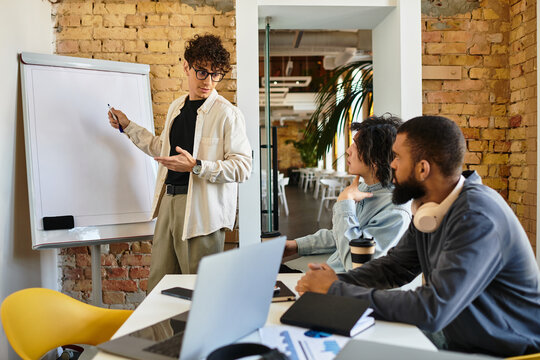 Creative team brainstorming in a modern office space with engaging presentation and discussion