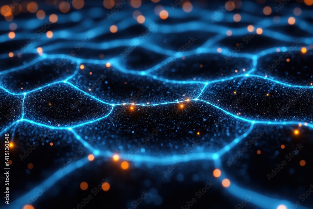 Poster modern abstract representation of a glowing hexagonal network on a dark surface showcasing vibrant b