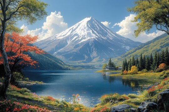 Majestic snow-capped mountain overlooking a serene lake surrounded by lush greenery and vibrant autumn colors