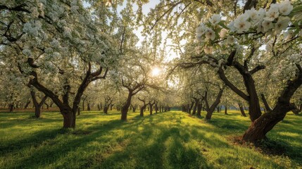 Obraz premium Serene orchard with blossoming trees casting shadows over the lush green grass at sunset in tranquil landscape