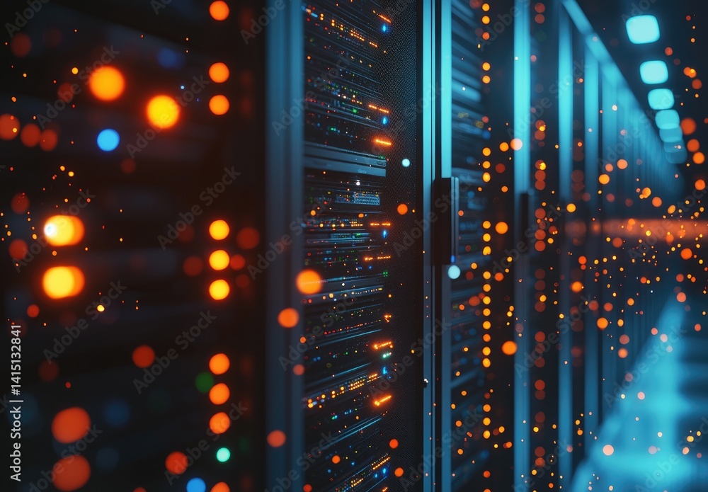 Poster Close-up of glowing data servers with floating particles in a dark futuristic room, perfect for cybersecurity, big data, and advanced tech visuals